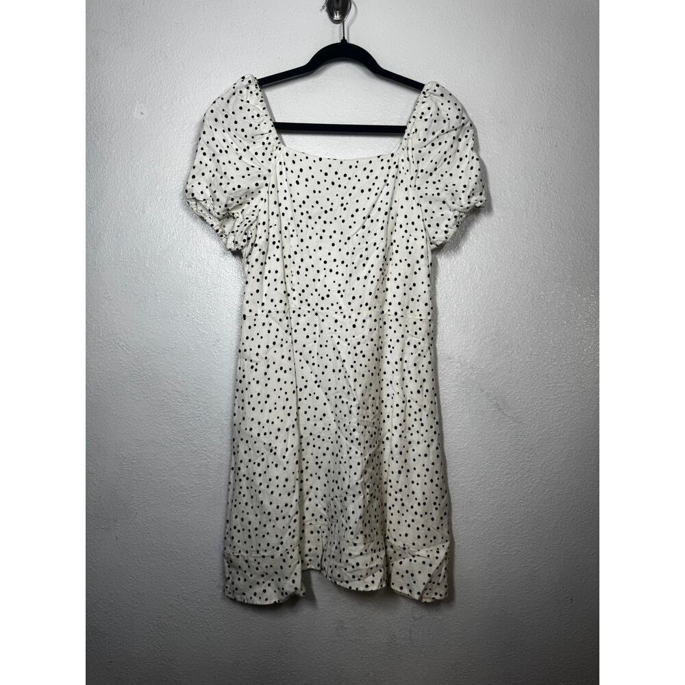 Loft Linen Dress White Black Square Neck Polka Dot Tie Back Zip Puff Sleeve Sz 8